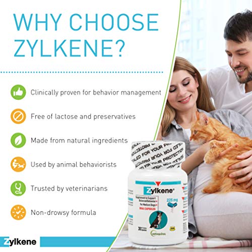 Vetoquinol Zylkene Behavior Support Capsules for Dogs & Cats, 225mg, 30ct - Calming Natural Milk Protein Supplement - Help Pets Cope with Change & Noise-Related Stress - Non-Drowsy - Lactose-Free