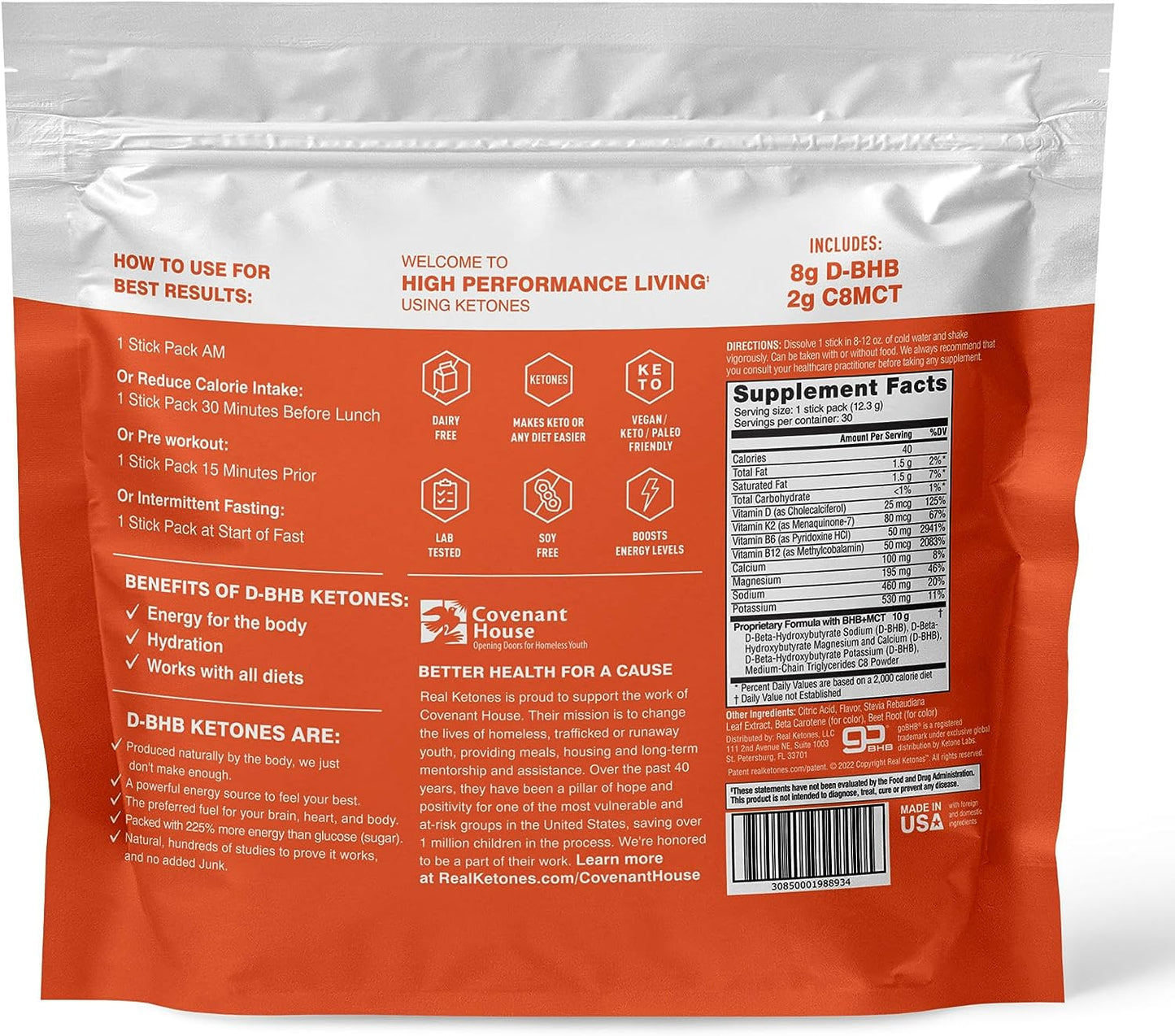 Real Ketones Exogenous Keto D BHB + MCT + Electrolytes Drink Mix Supplement Powder, 30 Packets, Orange Blast