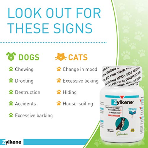 Vetoquinol Zylkene Behavior Support Capsules for Dogs & Cats, 225mg, 30ct - Calming Natural Milk Protein Supplement - Help Pets Cope with Change & Noise-Related Stress - Non-Drowsy - Lactose-Free