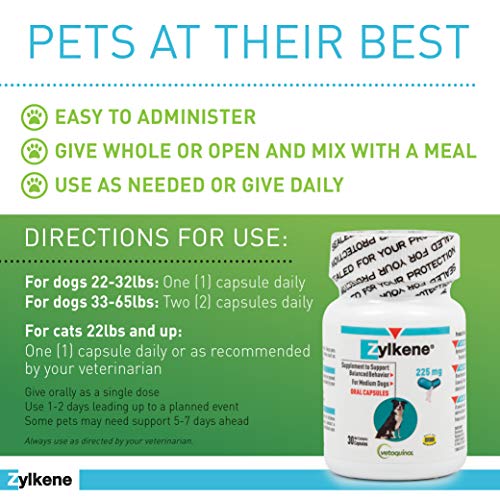 Vetoquinol Zylkene Behavior Support Capsules for Dogs & Cats, 225mg, 30ct - Calming Natural Milk Protein Supplement - Help Pets Cope with Change & Noise-Related Stress - Non-Drowsy - Lactose-Free