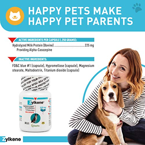 Vetoquinol Zylkene Behavior Support Capsules for Dogs & Cats, 225mg, 30ct - Calming Natural Milk Protein Supplement - Help Pets Cope with Change & Noise-Related Stress - Non-Drowsy - Lactose-Free